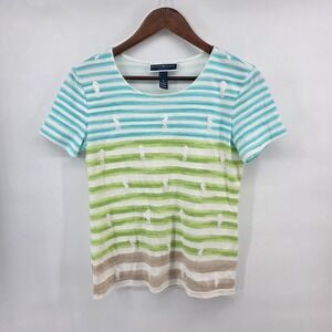 Karen Scott Petites PS Striped‎ Seahorse Short Sleeve Knit Top Blue Green Tan